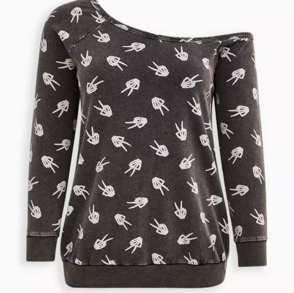 Torrid Lovesick Peace Skeleton Off Shoulder Tunic Sweatshirt Size 3 - Picture 11 of 11